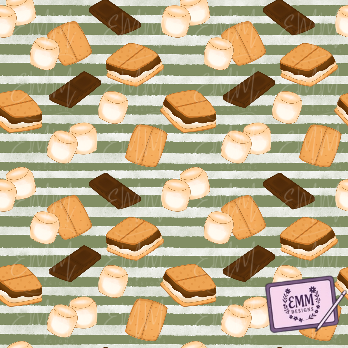 S’mores  – Sage Green with White Stripes Background